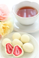 Japanese food, dried strawberry coating by white chocolate