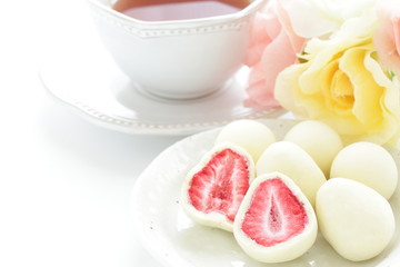Japanese food, dried strawberry coating by white chocolate