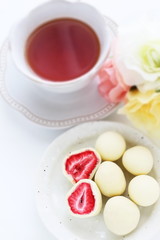 Fototapeta na wymiar Japanese food, dried strawberry coating by white chocolate