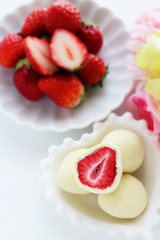 Japanese food, dried strawberry coating by white chocolate