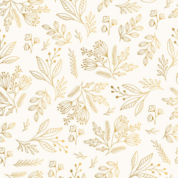 Golden vintage floral pattern with nature elements. Vector illustration. Christmas motif.