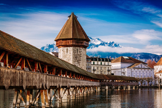Kapellbrucke historic Chapel Bridge and Water Tower landmarks in Lucern, Switzerland