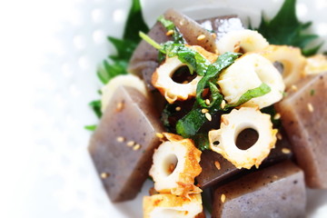 Japanese food, Chikuwa fish cake and Konjac stir fried for diet food image