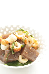 Japanese food, Chikuwa fish cake and Konjac stir fried for diet food image