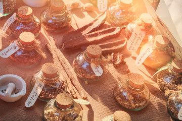 Historical reconstruction of the sale of spices in the old Bazaar. Herbs, spices and condiments with signed tags.