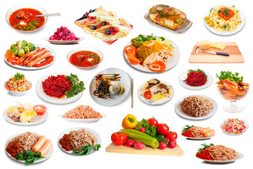 Fototapeta na wymiar View of many plates with tasty food over white background