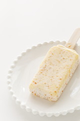 mango ice bar on white dish with copy space