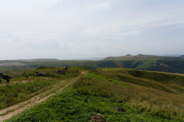 Obraz premium Lush green lawns meadows and mountains above 2000 m on the gumbashi pass in the northern caucasus between dombay and kislowodsk, raw original picture