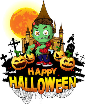 Halloween Design template with zombie. Vector illustration.