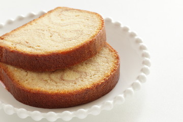 Marble pound cake on dish with copy space