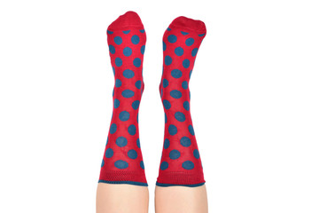 Woman in red socks isolated on white background. Top view.