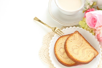 Marble pound cake on dish with copy space