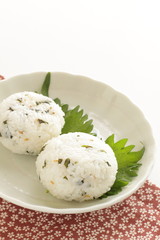 Japanese food, green leaf rice ball with copy space