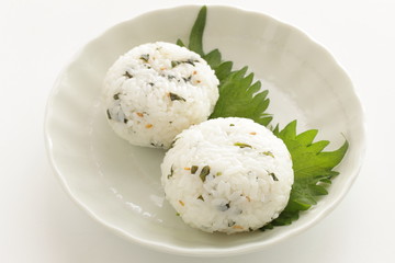 Japanese food, green leaf rice ball with copy space