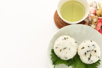 Japanese food, green leaf rice ball with copy space
