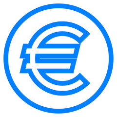 Euro currency sign symbol - blue simple outline inside of circle, isolated - vector