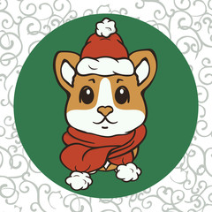 Welsh Corgi in Santa Claus costume vector image isolated. Dog in hat and scarf, winter clothes. Christmas cartoon corgi dog. Merry Christmas Happy New Year design. Corgi in Santa’s hat.
