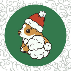 Cute corgi vector dog in Christmas hat. Christmas cartoon corgi dog vector image isolated. New Year's poster with dog in Santa’s hat. Merry Christmas Happy New Year design. Welsh Corgi lies