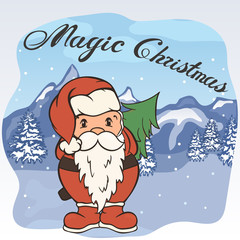 Christmas cartoon Santa Claus carries Christmas tree vector image isolated. New Year's poster. Merry Christmas greeting card. Cute Santa hides Christmas tree behind. Christmas mood, retro style.