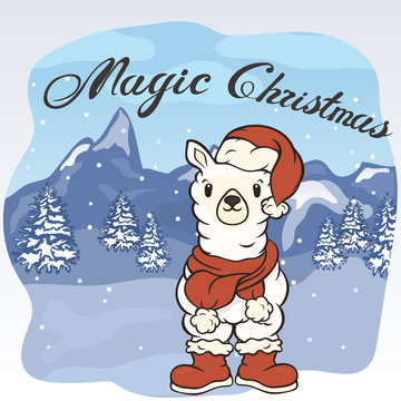 Christmas cartoon lama character in Santa's boots, hat and scarf with pompon vector image. Merry Christmas greeting card with fun alpaca. Funny winter card with a cartoon llama. New Year's poster.