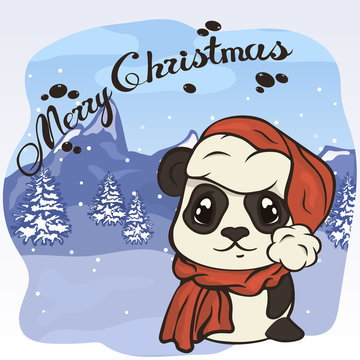 Christmas cartoon panda character in Santa's scarf and hat with pompon vector image. Merry Christmas greeting card with fun panda. Funny winter card with a cartoon panda. New Year's poster.