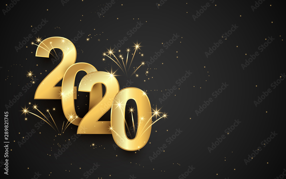 Aufkleber happy new year 2020 banner. golden sparkling luxury text 2020 with firework on black background