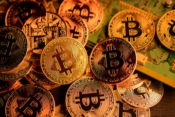 close up of symbol of crypto currency coin virtual money technology block chain business financial ideas concept