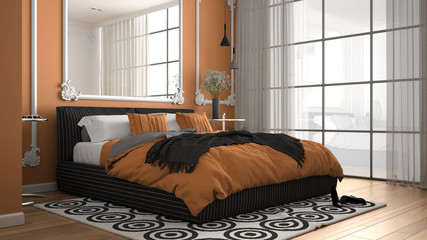 Modern orange colored bedroom in classic room with wall moldings, parquet, double bed with duvet and pillows, minimalist bedside tables, mirror and decors. Interior design concept
