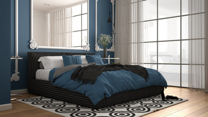 Modern blue colored bedroom in classic room with wall moldings, parquet, double bed with duvet and pillows, minimalist bedside tables, mirror and decors. Interior design concept
