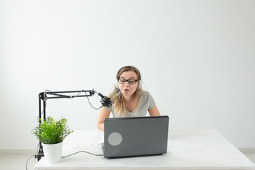 Podcasting, dj and broadcast concept - Presenter or host in radio station hosting show for radio