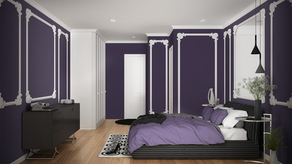 Modern violet colored bedroom in classic room with wall moldings, parquet, double bed with duvet and pillows, minimalist bedside tables, mirror and decors. Interior design concept
