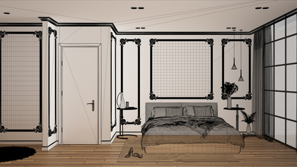 Empty white interior with parquet floor and white walls with moldings, custom architecture design project, black ink sketch, blueprint showing modern bedroom interior design