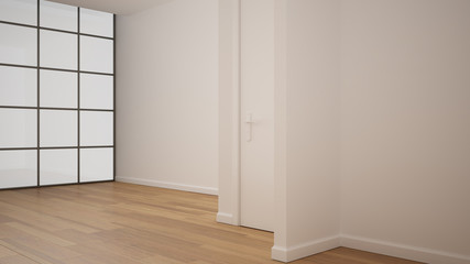 Empty room interior design, open space with white walls and parquet wooden floor, modern contemporary architecture, no people, mock-up with copy space