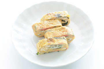Japanese food, homemade, shiso herbal and egg roll Tamagoyaki