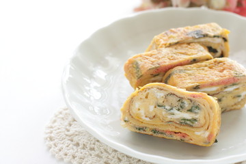 Japanese food, homemade, shiso herbal and egg roll Tamagoyaki