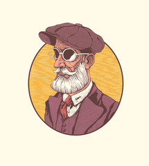 Bearded man in a cap and round glasses. Retro emblem. Vector illustration.