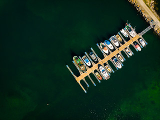 Top view. Boats in port marina