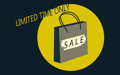 Sale, limited time - shopping bag abstract decor, yellow black background - vector.