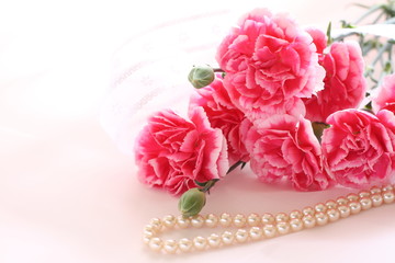 pink carnation and pearl necklace for Mother's Day image