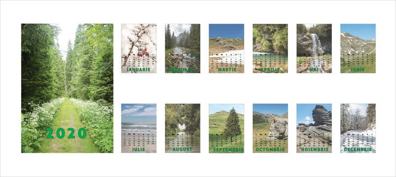 Calendar 2020, Calendar template design with photos from Romania. Romanian language