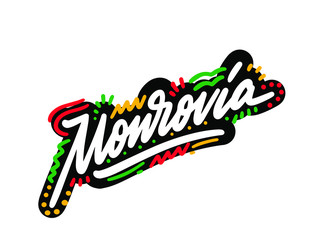 Monrovia Word Text Creative Handwritten Font and Swoosh Shape Design Vector Illustration.