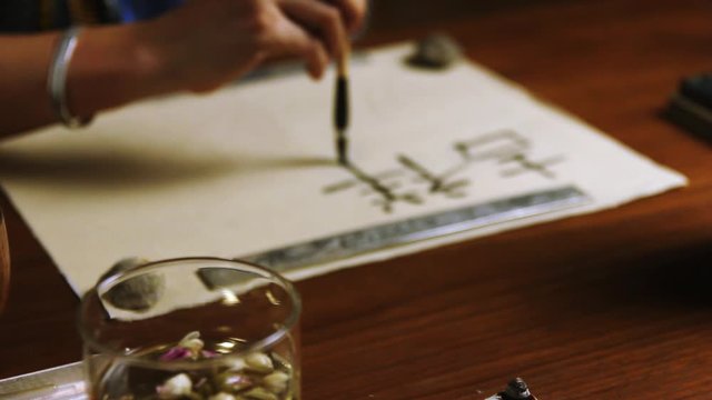 Girl writes Chinese characters (Translation from Chinese Mandarin 1: jixiang ruyi wanshi ankang- to be gratified propitiously with everything in good health, 2: fugui jixiang: wealthy and propitious)