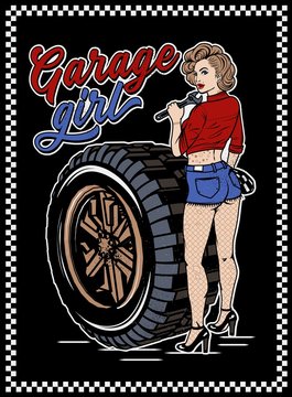 Pin Up Girl Illustration With Wheel. Garage Girl.