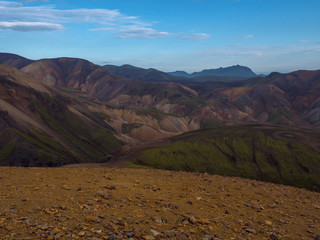 Colorful Rhyolit mountain panorma with multicolored volcanos in Landmannalaugar area of Fjallabak Nature Reserve in Highlands region of Iceland