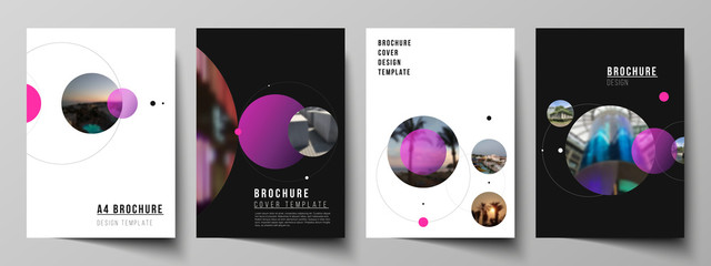 Vector layout of A4 format modern cover mockups design templates for brochure, flyer, booklet, report. Simple design futuristic concept. Creative background with circles that form planets and stars.