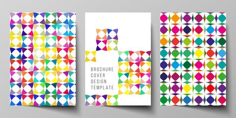 Vector layout of A4 format modern cover mockups design templates for brochure, magazine, flyer, booklet, report. Abstract background, geometric mosaic pattern with bright circles, geometric shapes.
