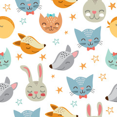vector illustration. cute animals. cats, foxes, wolves, birds and rabbits. pattern with animals. 