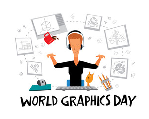 World Graphics Day. Greeting card. Girl designer creates graphic masterpieces at the computer. Vector full color graphics