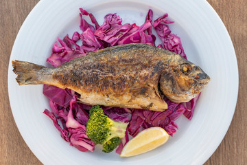 Grilled sea fish served on a plate with red cabbage, green broccoli and lemon. Close up