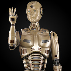 robot or very detailed humanoid cyborg showing three fingers. Upper body. Isolated on black backgound. 3d render